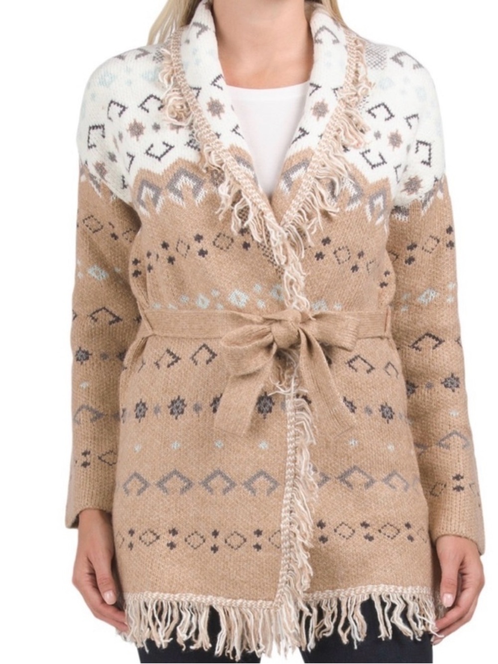 Lucky Brand Fringed Shawl Collar Belted Cardigan Sweater - Camel White